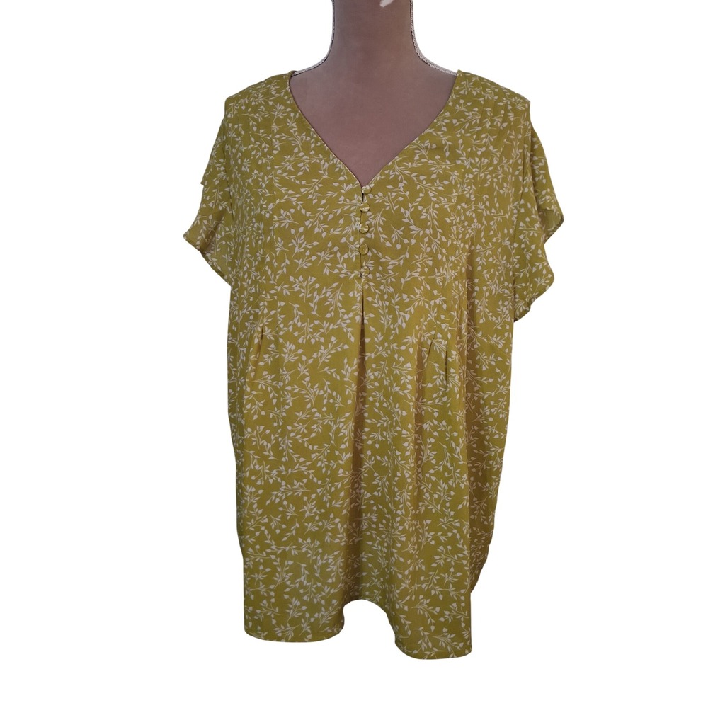 Cynthia Rowley Womens 2X Yellow Green Floral V-Neck Button Blouse